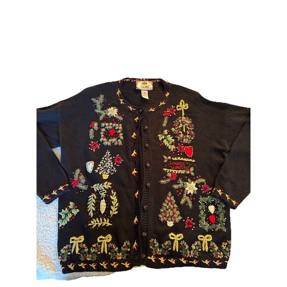 Vtg Tiara International Christmas Cardigan Sweater Embroidered And Beaded Size M - Picture 2 of 16